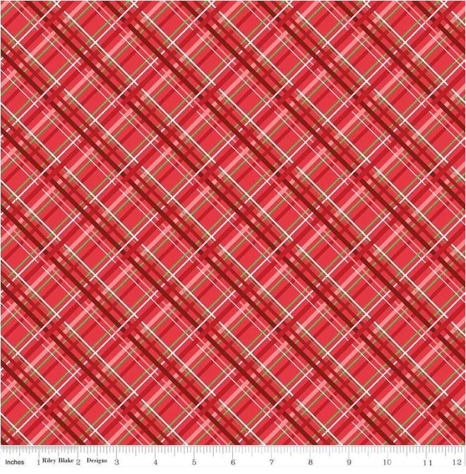 Cute pink and green plaid on red. Let it snow! This fabric collection by Heather Peterson from Riley Blake Designs will transport you to your own winter wonderland. Featuring festive favorites like snowmen, reindeer, and poinsettias, Snowed In is the belle of the snowball!  Sold by the 1/2 yard.  Fabric will be cut in one continuous piece unless the customer notes otherwise.  100% cotton  Width: 43"/44"