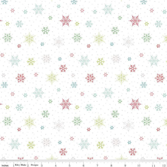 Snowed In by Heather Peterson for Riley Blake Designs is great for quilting, apparel and home decor. This print features snowflakes on a polka dot background.  Sold by the 1/2 yard.  Fabric will be cut in one continuous piece unless the customer notes otherwise.  100% cotton  Width: 43"/44"