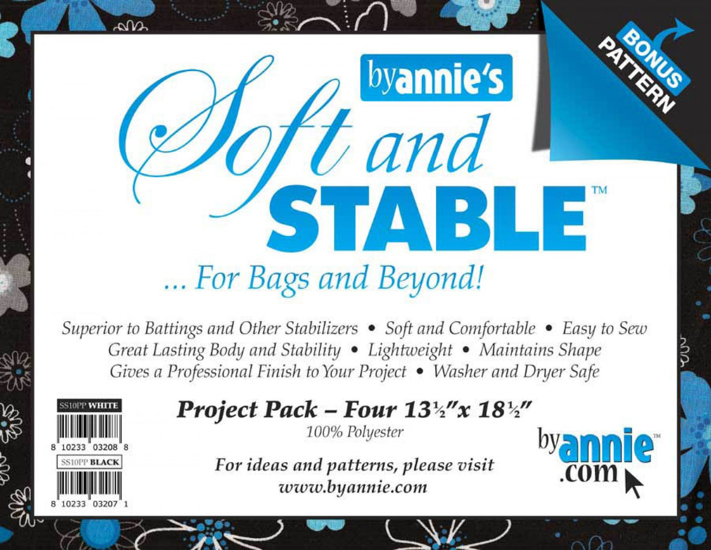 Soft & Stable Project packs are perfect for placemats & other small projects. Include four 13-1/2in x 18-1/2in pieces as well as a bonus pattern for easy-to-make quilt-as-you-go placemats.  Non-Woven Sew-In Weight: Lightweight Single Sided Washing/Drying instructions: Washer and Dryer Safe