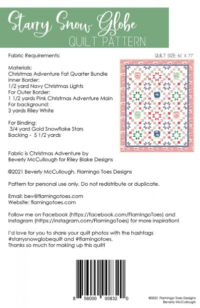 The Starry Snow Globe Quilt by Beverly McCullough of Flamingo Toes features pieced stars and snow globes set in a chain layout. Finished size is 61" x 77".  Fabric featured in quilt with the pink border is Christmas Adventure by Beverly McCullough  The quilt with the seaglass border features the Christmas Village collection by Katherine Lenius for Riley Blake Designs.