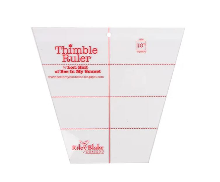 The 10" Thimble Ruler by Lori Holt of Bee in my Bonnet can be used to rotary cut or to trace templates to machine piece thimble shapes for your quilts! It was especially designed for convenience when using 10" precut fabric squares.  Ruler size: 8.5" x 8.5"  Use with 10" squares.
