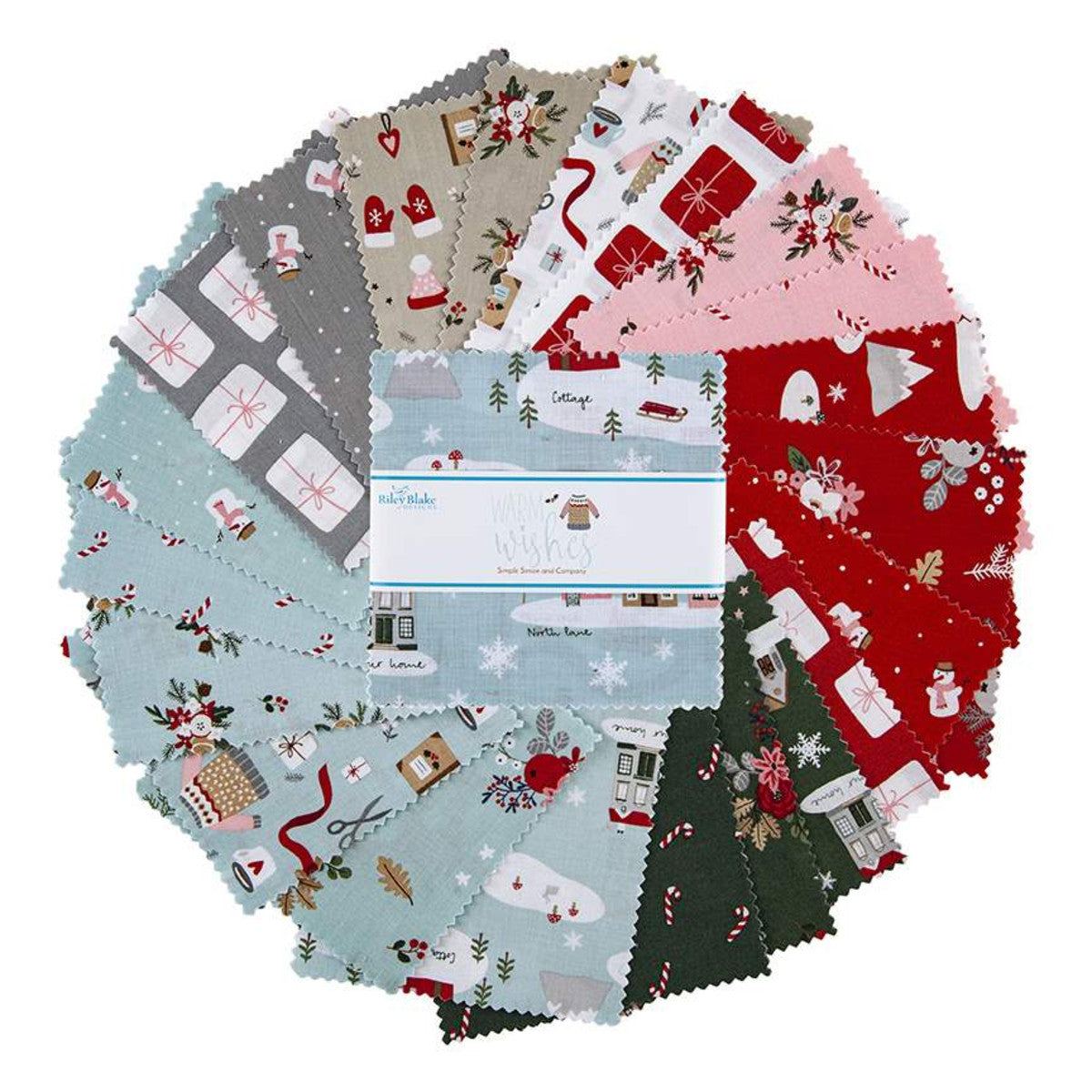 This 5" Stacker precut bundle includes 42 pieces from the Warm Wishes collection by Simple Simon and Company for Riley Blake Designs. Each print will be included 2 times in the bundle.  100% cotton  Width: 5" x 5"